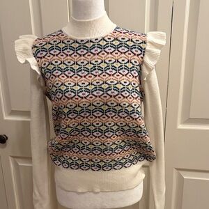 LOFT Cream Multicolor Patterned Ruffle Sleeve Sweater